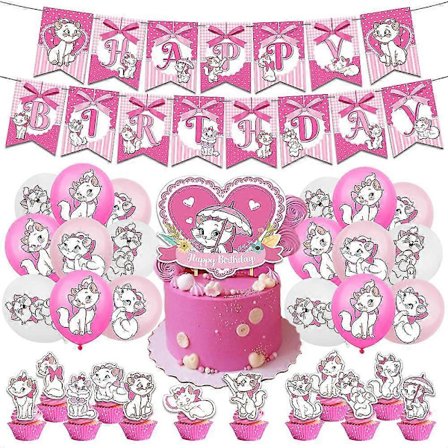 AristoCats Marie Katt Rosa Tema Bursdagsfest Utstyr Banner Ballonger Kake Cupcake Toppers Sett Dekorasjon