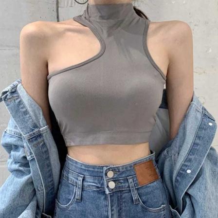 Body Contour Sleeveless Top Høy Hals Halter Slim Sjarmerende Motestil Kort Stil for Kvinner Grå L