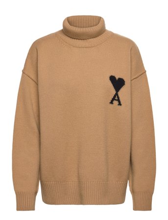 AMI Funnel Neck Sweater With Contrasted Ami De Coeur - Beige - XS