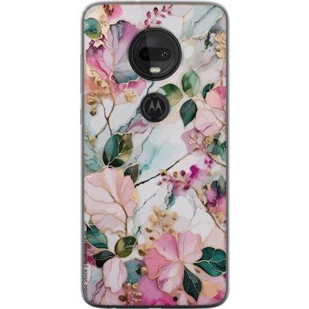 Kompatibel Mobilcover til Motorola Moto G7 Abstrakt marmormønster med blomster, blade og gyldne detaljer i bløde pastelfarver