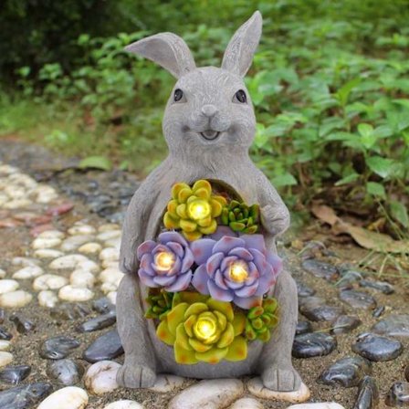 Solcelledrevne havefigurer - Kaninfigur - Havedekoration til udendørs - Havefigurer - Kanin med solcellelampe - Dekorativ figur til terrasse