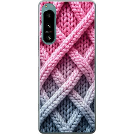 Yhteensopiva Puhelinkuori Sony Xperia 5 IV Lähikuva kudotusta tekstiilikuviosta vaaleanpunaisissa, harmaissa ja valkoisissa sävyissä, joissa on tun