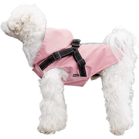 Hunderegnfrakk med sele, vanntett ultralett regnjakke med hette, reflekterende pustende vanntett frakk for små og mellomstore hunder rosa L