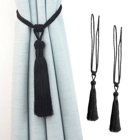 2 st Gardinomtag med tofs, handgjorda gardiner, svart