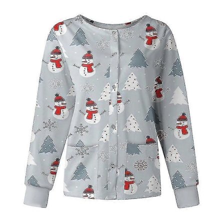 Juletopp for kvinner med snøfnuggmønster, arbeids-t-skjorte med knapper, sykepleieruniform