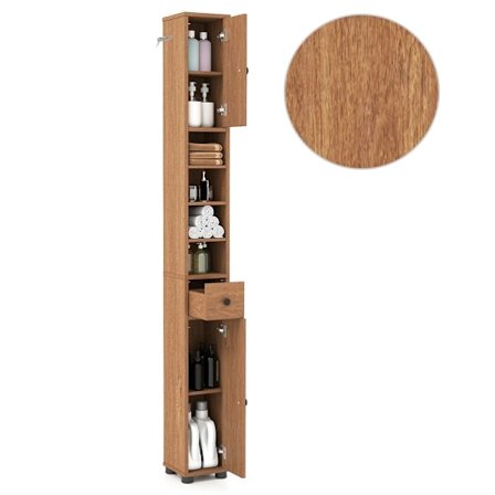 Ohut kylpyhuonekaappi kahdella ovella, laatikolla ja säädettävillä hyllyillä