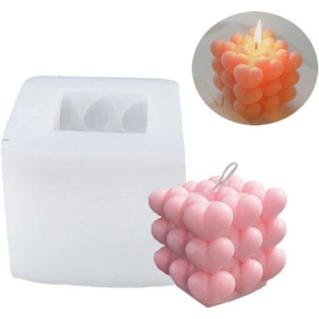 3D Hjerteformet Kube Lysform, Matvaregodkjent Silikon Boble Lysform for Håndverk, DIY Såper, Lys og Kakedekorasjon
