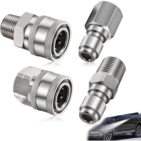 4 Stk. Højtryksrenser Kobling, Højtryksrenser Adapter Sæt, 1/4 NPT Tomme Han Hun Adapter, Rustfrit Stål, til 5000 Psi Sprøjtelanse (Sølv)