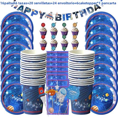 Rymdfestartiklar, galaxtema födelsedagsfest engångsdekoration set, papperstallrikar, koppar, servetter, bordsartiklar