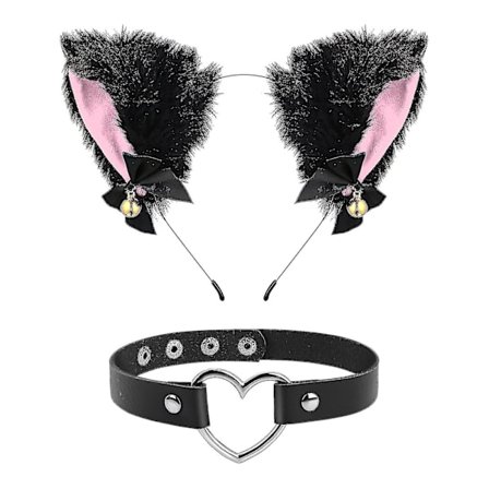 Katteøre Hovedbånd Med Klokke Hjerte Choker Halskæde Pige Plys Pels Katteøre Hårbånd Til Halloween Cosplay Fest