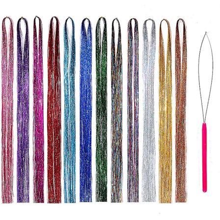 Hår Tinsel Strands Kit, 12 farger Tinsel Glitter Hårtilbehør