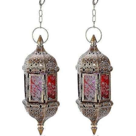 Vintage Marokkolaiset Riippuvat Lyhdyt - Pari Metallisia & Lasisia Kynttilänjalkoja Kodin Sisustukseen