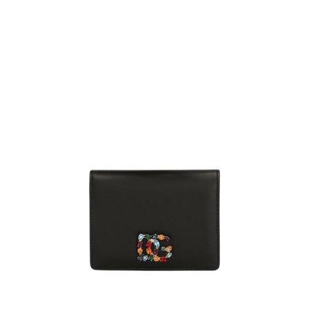 Dolce & Gabbana, Calfskin Wallet With Rhinestone-Detailed Logo Czarny, Kobieta, Rozmiar: ONE Size