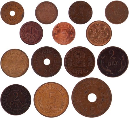 Danmark - 14 forskellige danske bronze-mønter