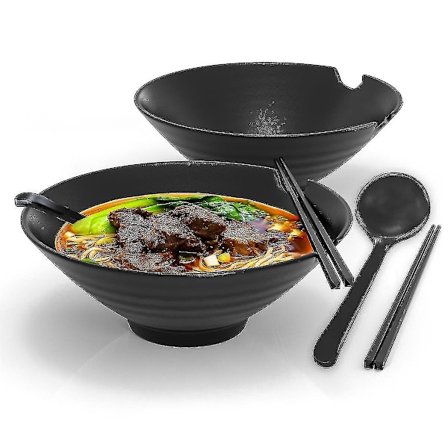 6-delt Ramen-skålsett med 1000 ml fyllingskapasitet - Tradisjonelt japansk servise med spisepinner og skje i svart