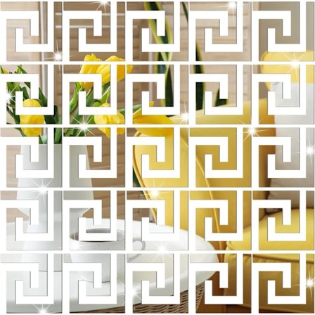 25 stk. 4'' Siliver geometriske græske spejl vægklistermærker DIY akryl skræl og klæb fliser kant dekaler sæt aftagelige klæbende vægdekoration 