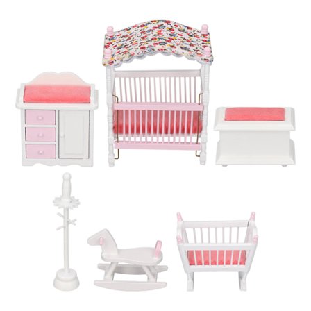 Skala 1:12 Dollhouse Sovrumsmöbler Set Miniatyr Dollhouse Sovrumsmöbler Rosa Vitt Rum Tillbehör Leksak
