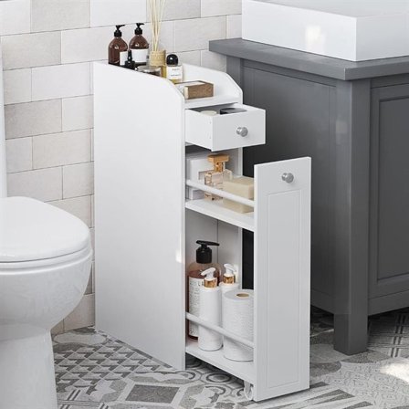 Smalt badeværelsesskab med udtræksskuffe – Hvid