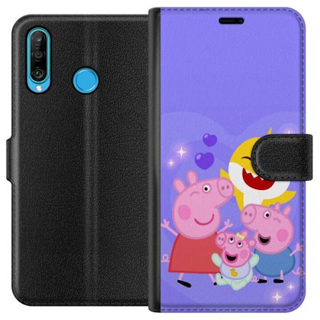 Kompatibel Tegnebogsetui til Huawei P30 lite Peppa Gris mønster med hjerter, sommerfugle og venner, lyserød baggrund i bløde børneillustrationer