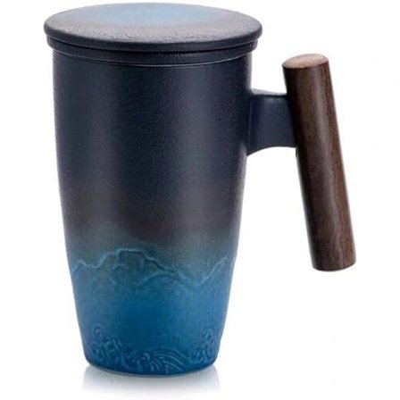 Tekopp med lokkorselenskrus med filter i rustfritt stål, perfekt for kontor og hjemmebruk, svart 350 ml (svart cyan)