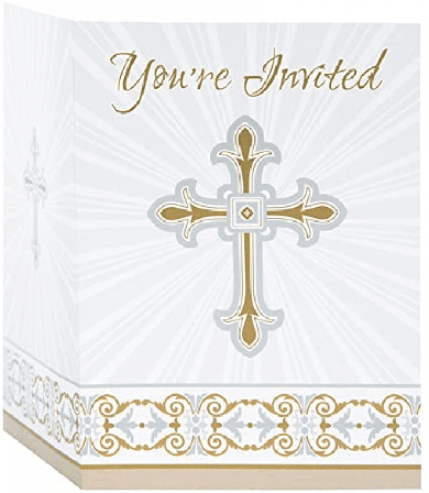 Inbjudningskort dop i guld 8-pack