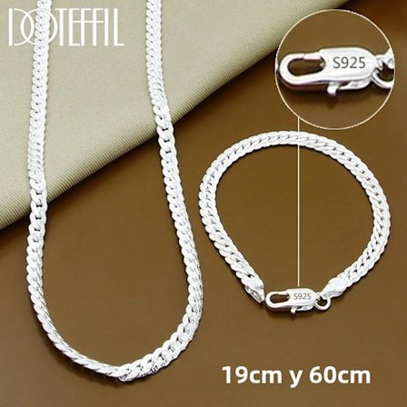 925 Sterling Silver Sidled Kedjehalsband och Armband för Kvinnor och Män Klassiska Mode Smycken för Bröllop och Fest Olika Storlekar