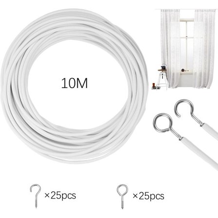 10 m - Gardinkabel vit tråd sladd set tillbehör med 25 öglebultar och skruvkrokar för upphängning av gardiner och dusch_yu