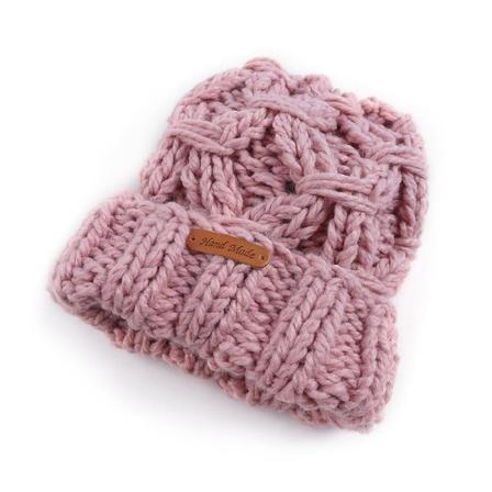 Kvinnors stickade mössa vinter varm tjock skalle mössor mössa med flätor hål Pink