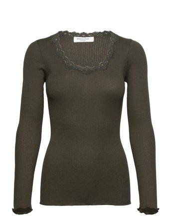Rosemunde Rwbabette Silk Ls U-Neck Lace T-Shi - Khaki green - XS