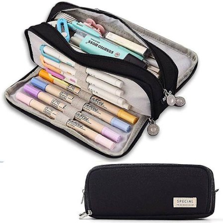 Pencil Case Large Capacity 3 Compartments Canvas Makeup Cosmetic Pouch For Teens Adults Boys Girls School Students Office Organizer (black)
