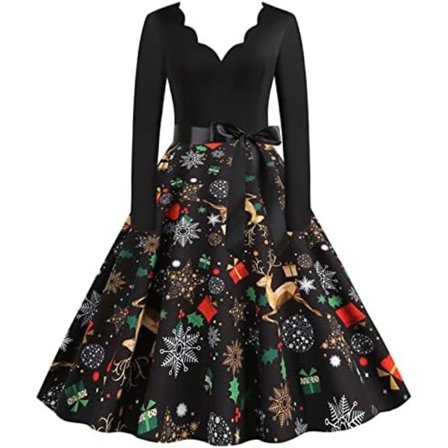 BTBDYDH Halloween Klänning Retro Långärmad V-ringad Klänning Utsvängd Vintage Hepburn Klänningar Pumpa Fladdermus Häxa Tryckt Cosplay Party Kostym 