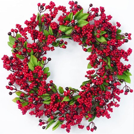 18-tommers julerød bærkrans, kunstig julebærkrans naturtro kristtorn vinterbærkrans for juledekorasjon i hjemmet