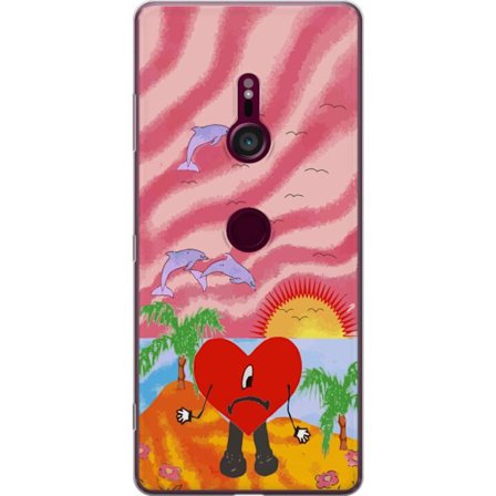 Kompatibel Mobilcover til Sony Xperia XZ3 Bad Bunny i en farverig quiltet jakke med hjertemønster og solbriller i moderne gade stil