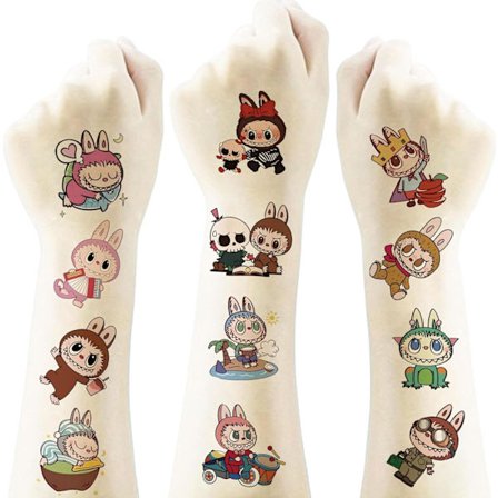 4 ark temporära tatueringar för barn, tecknad Labubu födelsedagsfest presenter för flickor pojkar hemaktivitet klasspriser karneval