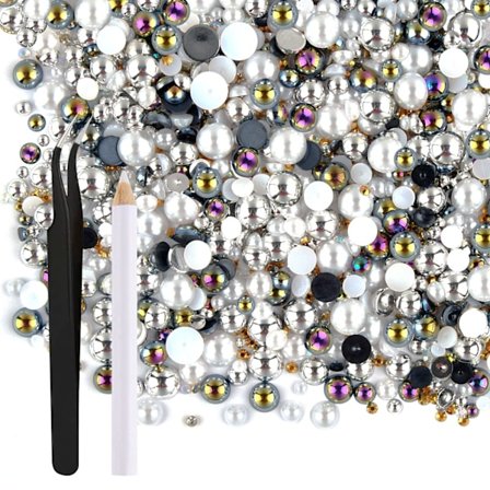 50g Blandet Størrelse 3mm-10mm Flatback Rhinestones & Halve Perler til DIY Håndværk, Tumblere, Negle, Sko, Beklædning, Sort Hvid Serie