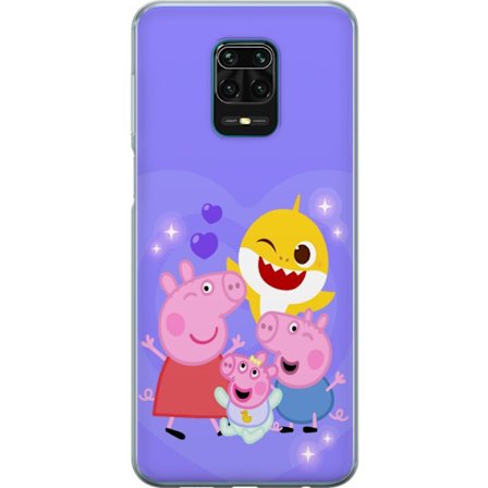 Kompatibelt Mobildeksel til Xiaomi Redmi Note 9 Pro Peppa Gris mønster med hjerter, sommerfugler og venner, lys rosa bakgrunn i myke barneillustrasjo
