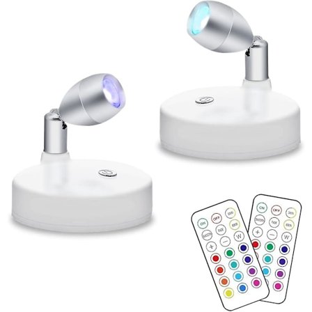 2 Pak Trådløse RGB LED-Spotlight, Batteridrevet Accentlys, Dæmpbare Mini Indendørs Pucklys med Fjernbetjening, 4000K Varmt Hvidt, Klæbes på