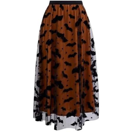 Tutu-skjørt i tyll med flaggermus i fløyel for kvinner, elastisk midje, lagdelt mesh-midiskjørt til Halloween-fest