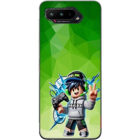 Kompatibelt Mobildeksel til Asus ROG Phone 5 Roblox-inspirert gamerfigur med headset, håndkontroll og energiske effekter mot grønn bakgrunn