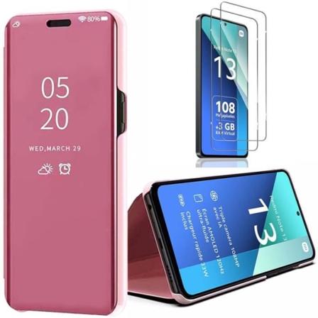 Etui til Xiaomi Redmi Note 13 4G (ikke til 5G) + 2 hærdede briller, smart etui gennemskinnelig effekt med stativfunktion - Pink