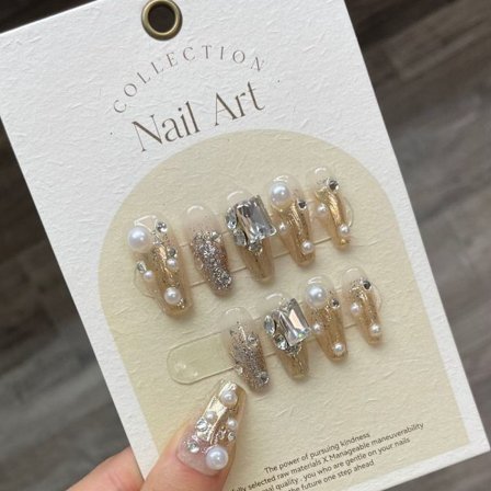 10 stk/eske Champagne Glitter Håndlagde Nails Pearl Diamond False