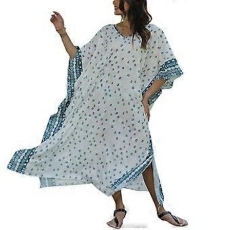 Elegant Overdimensioneret Kaftan Strandkjole til Solbeskyttelse Badedragt Dame Print Løs Kjole til Sommer Vandland Univer Hvid bund (Hvid bund)
