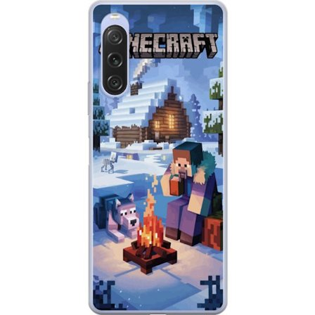 Kompatibelt Mobilskal till Sony Sony Xperia 10 V Minecraft vintermotiv med Steve, varg, lägereld och snöig stuga spelinspirerad illustration perfekt