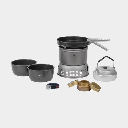 Fogareiro a álcool / fogareiro portátil Trangia 27 Small, 1000 W + 2 panelas, 1 frigideira em NS / Non Stick-teflon + corta-vento em HA / alumínio 