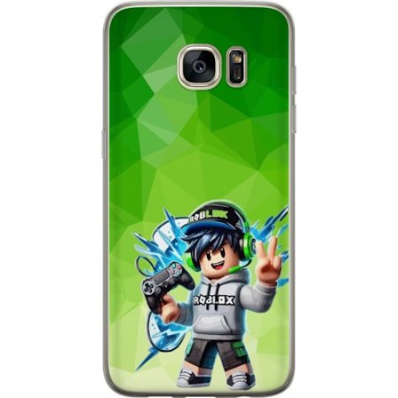 Kompatibelt Mobildeksel til Samsung Galaxy S7 edge Roblox-inspirert gamerfigur med headset, håndkontroll og energiske effekter mot grønn bakgrunn