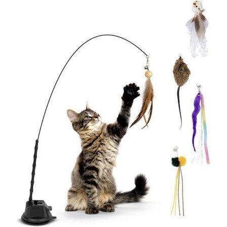 Lollanda Kattesæt 7 Dele, Inkluderer Kattefiskestang, Sugekop og Fjer - Miljøvenligt Indendørs Kattelegetøj 7