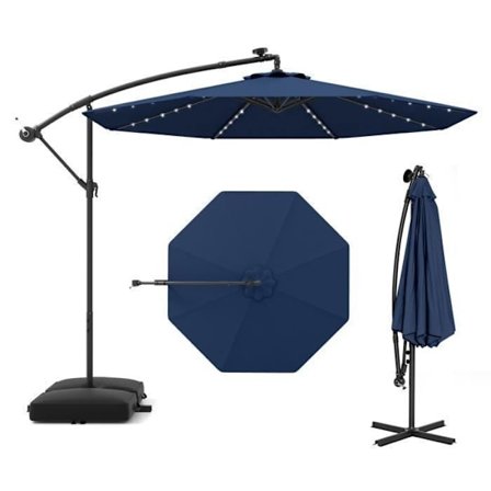 Parasol deplacerad 3 x 3M 40 LEDs - COSTWAY - Korsbas med sandsäck - Polyesterduk UV-skydd blå - Solpanel 6 timmar