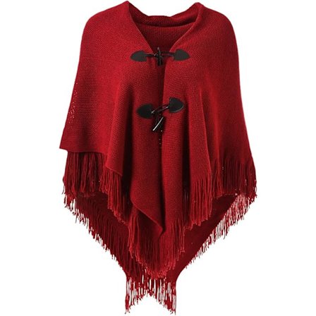 Elegant varm dameponcho sjal (rød) åpen foran med frynser og knapp for høst og vinter