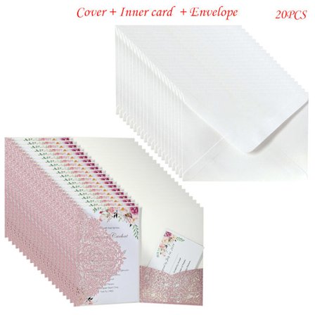 20 stk. Glitter Hul Invitasjonskort med Konvolutter for Bryllupsinvitasjon Brude