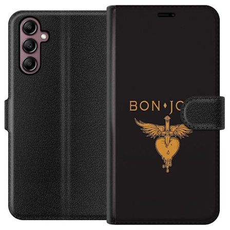 Kompatibelt Plånboksfodral till Samsung Galaxy A14 5G Ikonisk musikillustration med bevingat hjärta och dolk i guldtoner på mörk bakgrund, kraftfu